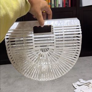 Semi-Circle Arched Slatted Acrylic Clutch - Pearl White